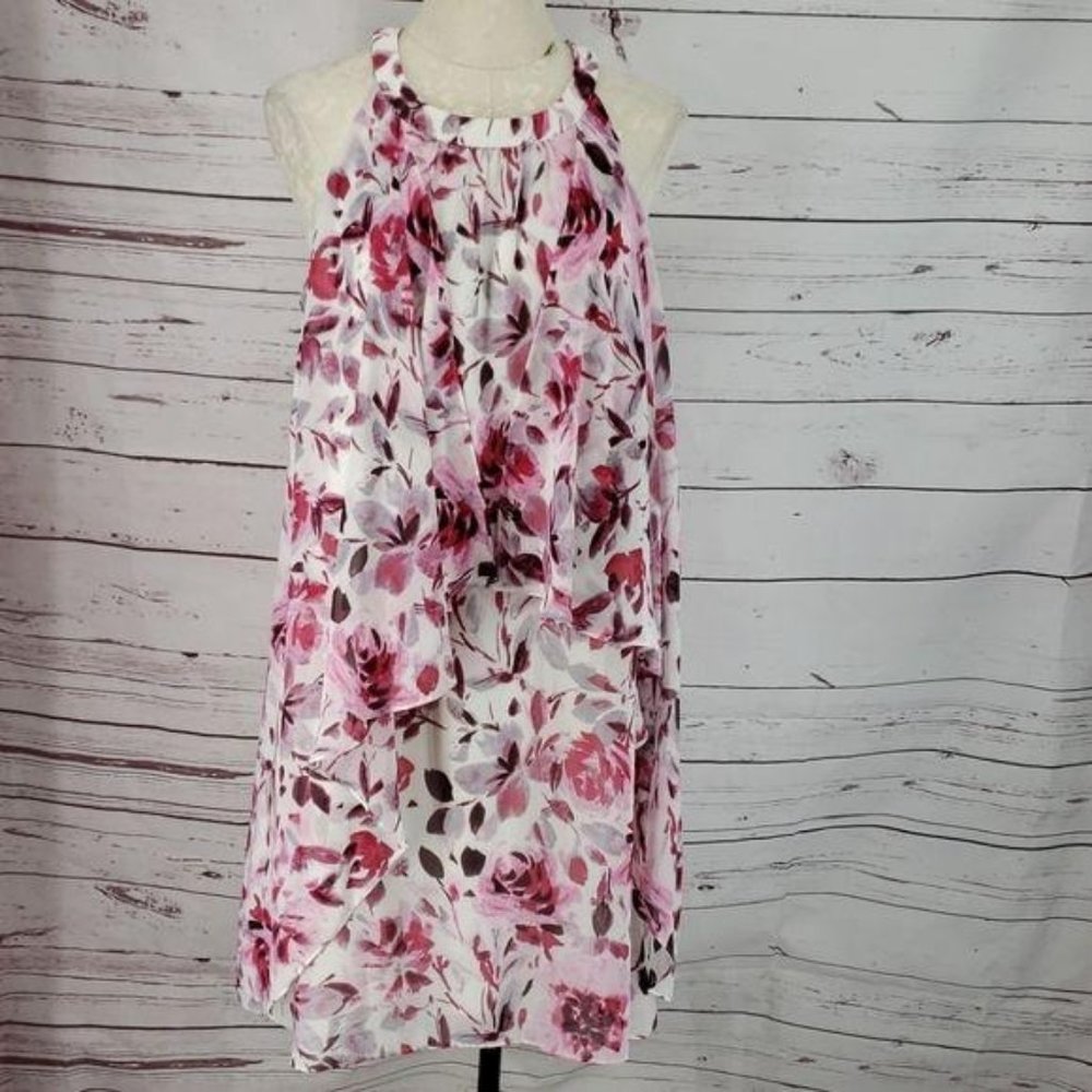 SLNY Pink and White Floral Halter Neck‎ Dress